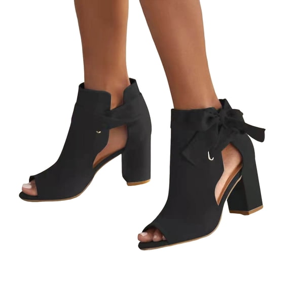 Heels for Women Peep Toe Fashion Cutout Suede Pumps Shoes Bowtie Ankle Strap High Block Heel Dressy Sandals Black Size 6.5