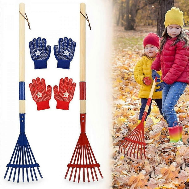 Metal Kids Leaves Rakes and Kids Gloves,Small Kids Lawn Rakes with Wooden Handle,Garden Tool Set for Kids Boys and Girls