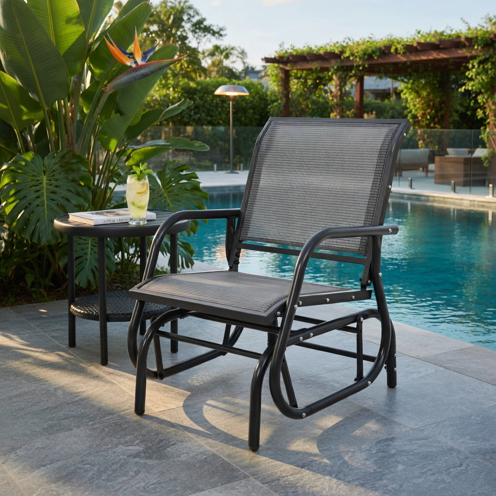 Hommoo Outdoor Single Swing Glider Rocking Chair, Heavy-Duty Steel Frame, Breathable Fabric Seat, Perfect for Patio, Deck & Backyard Relaxation, Gray
