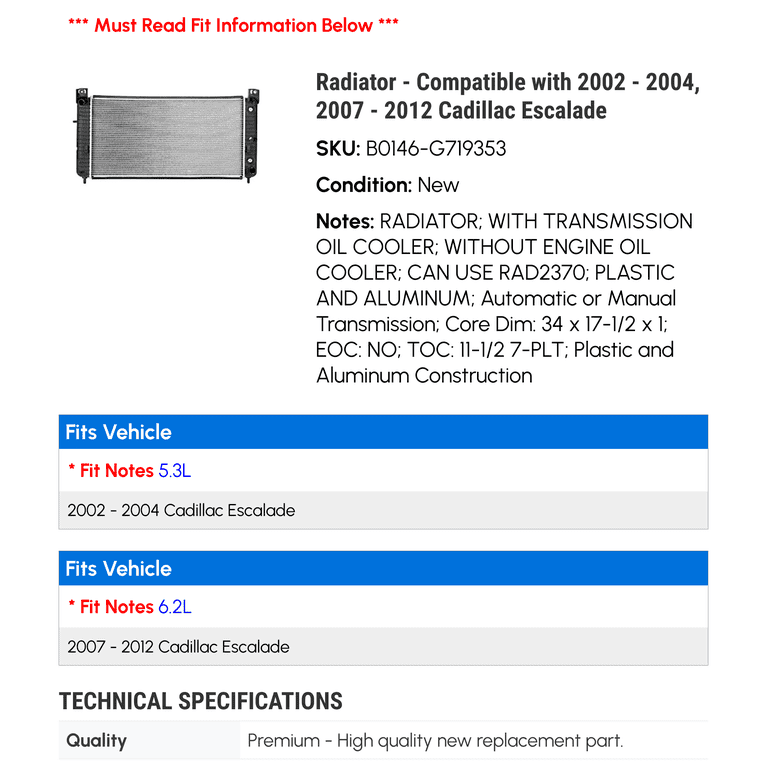 LUXERAD 34" Aluminum Radiator For Cadillac Escalade ESV EXT 2002-2014 (5.3L, 6.0L, 6.2L) - 3 Row