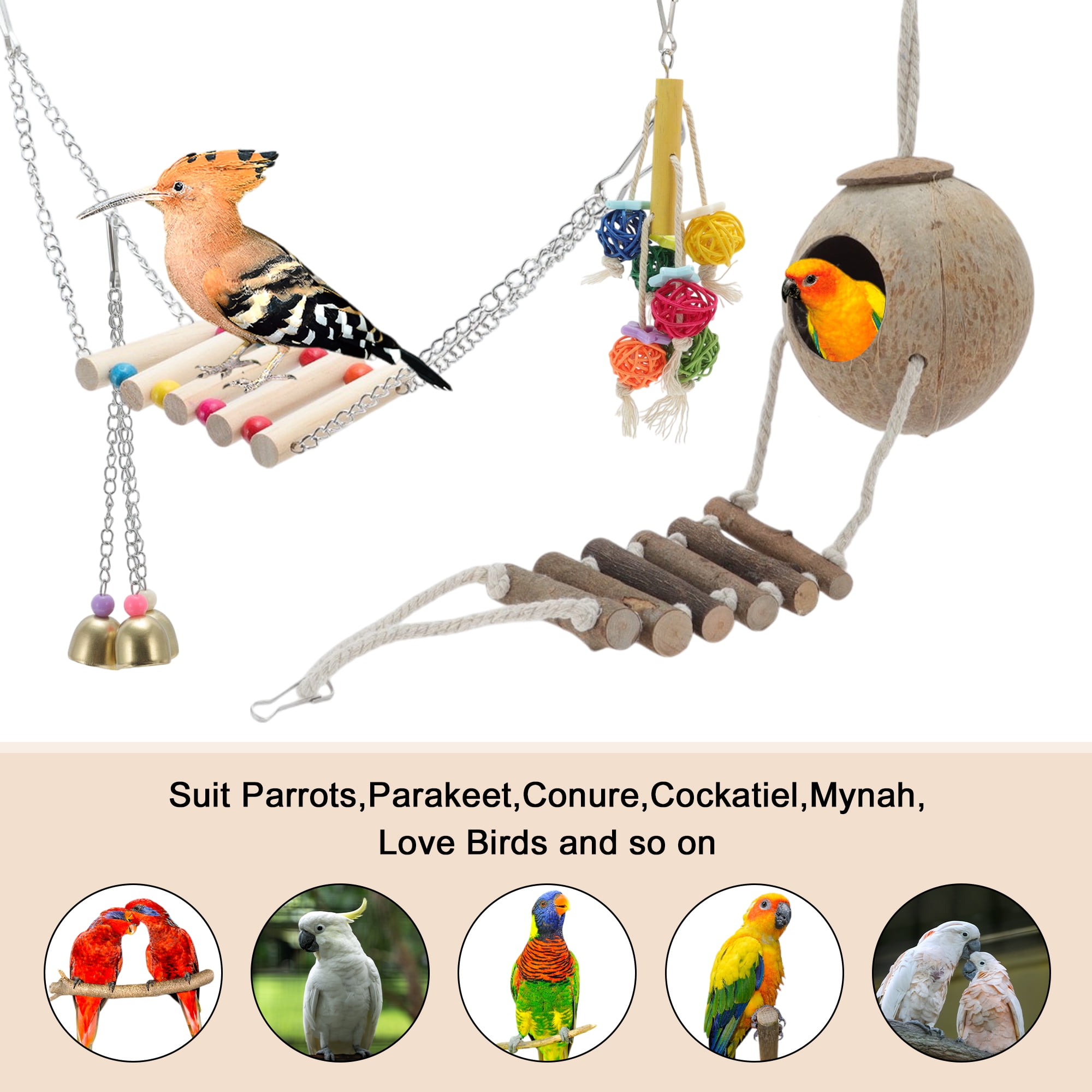 Unique Bargains Cockatiel Toys Bird Toys 6 Pcs Multifunctional Natural Coconut Hideaway with Ladder Swing Hanging Bell Toy Parrot Toys Bird Cage Accessories