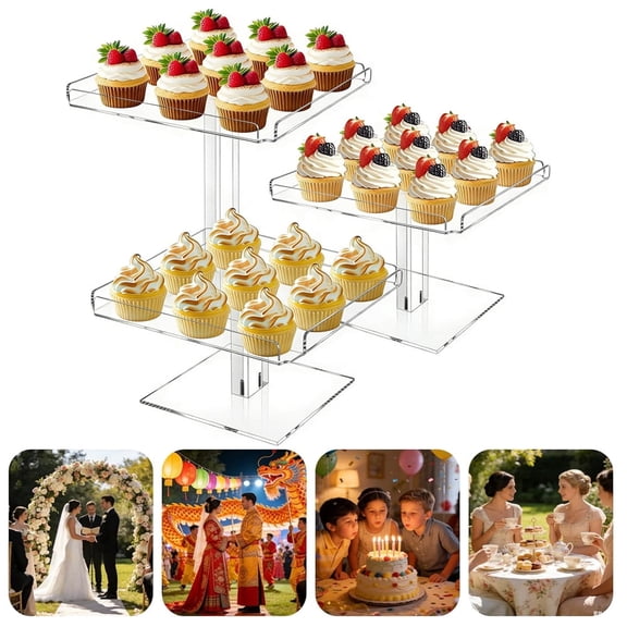 3pc Acrylic Dessert Table Display Cake Stands Set, Clear Dessert Stand, Buffet Risers Holder for Cupcakes Desert Pastry Food Treat Tier Cookie Serving Trays Stand for Wedding/Shower/Birthday