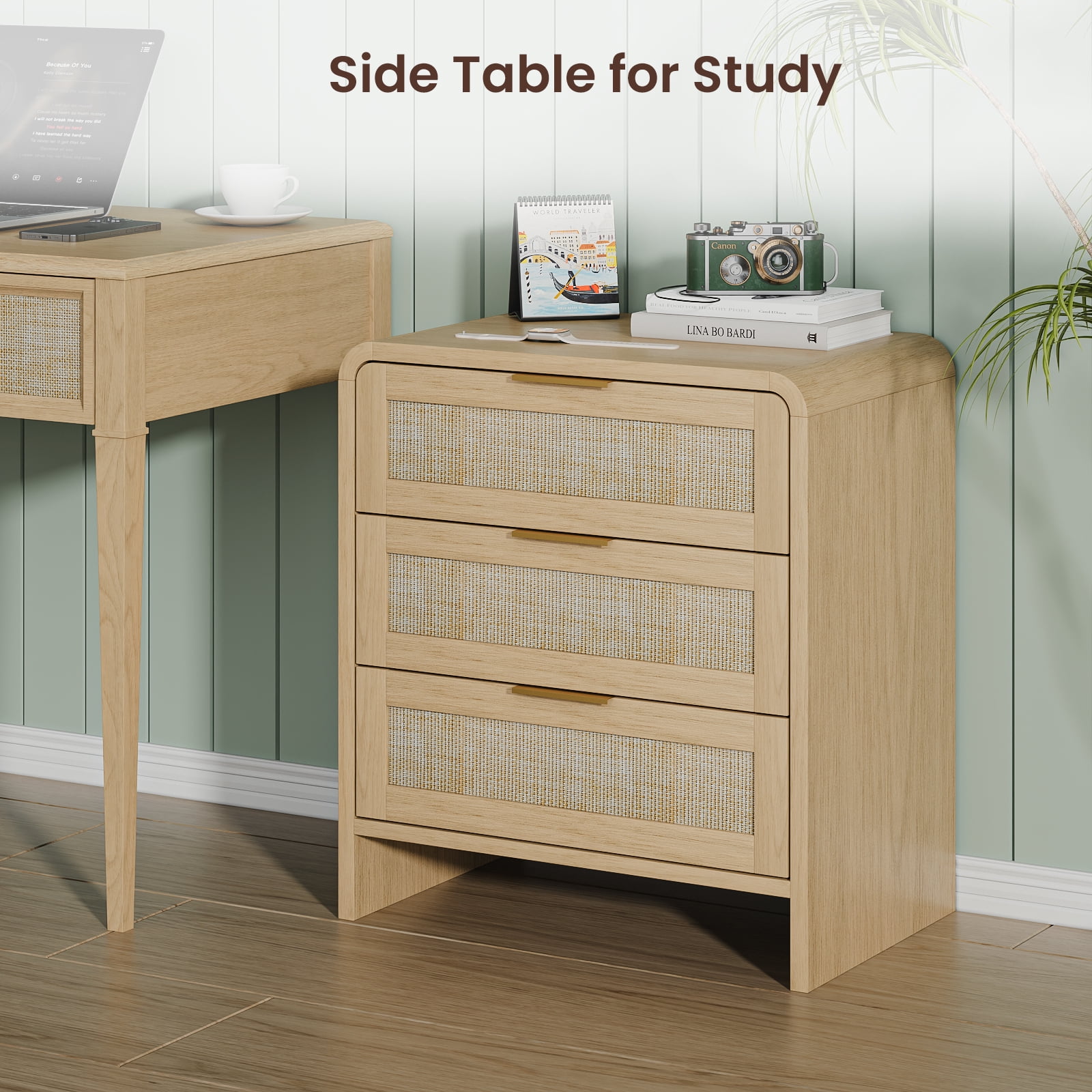 Rattan Nightstand with 3 Drawers, 22.8 Inch Curved Wooden Bedside Table with Gold Handles, Modern Storage for Bedroom, Stylish, Natural Oak