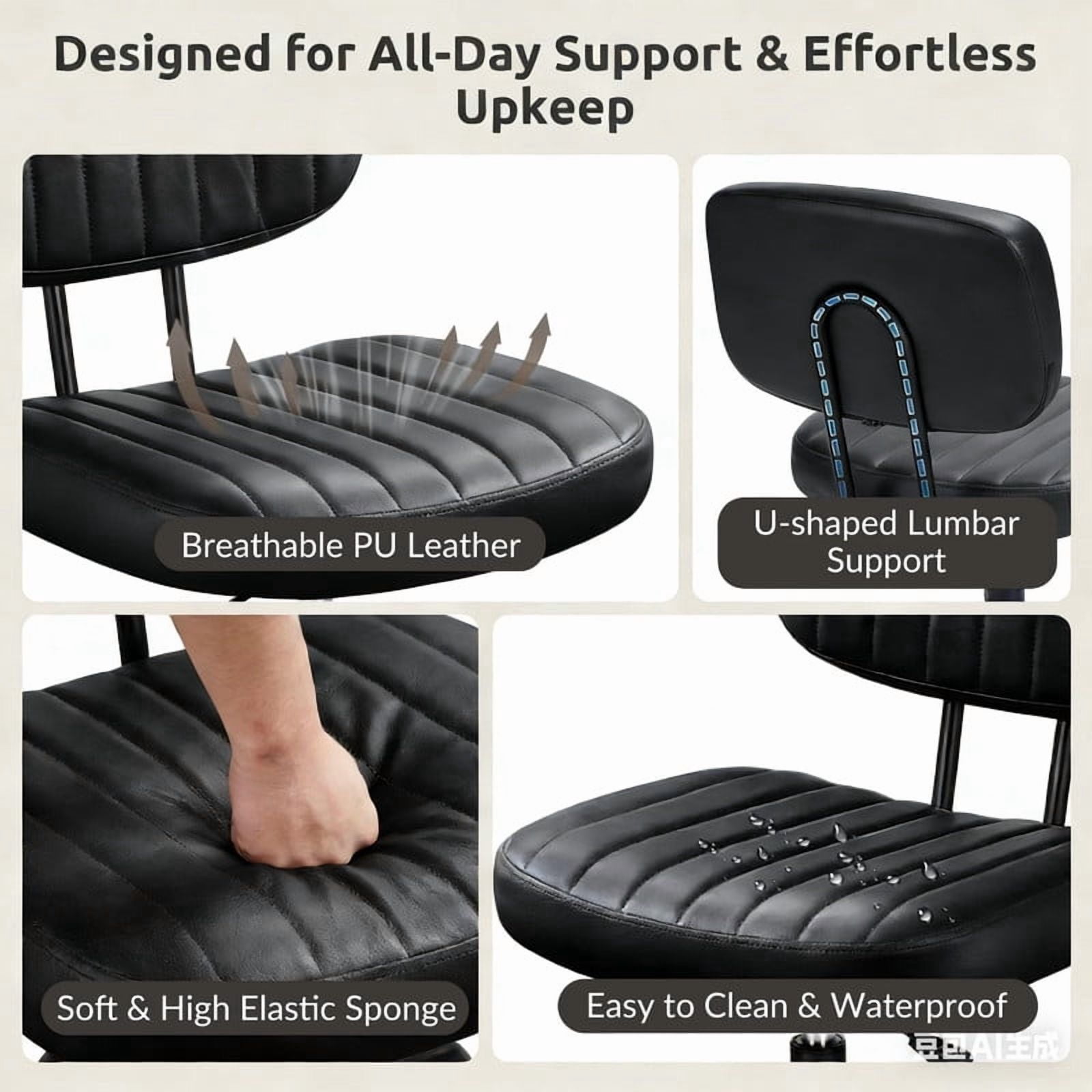 Kelno Armless Desk Chair Height Adjustable Swivel Rolling PU Leather Task Chair with Lumbar Support, Black