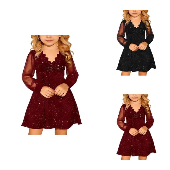 Girls' Puff Long Sleeve Mesh A-Line Dress with V-Neck and Sparkly Glitter Detail, High Waist Casual Party Dress for Ages 4-14, for Mardi Gras and Formal Events
