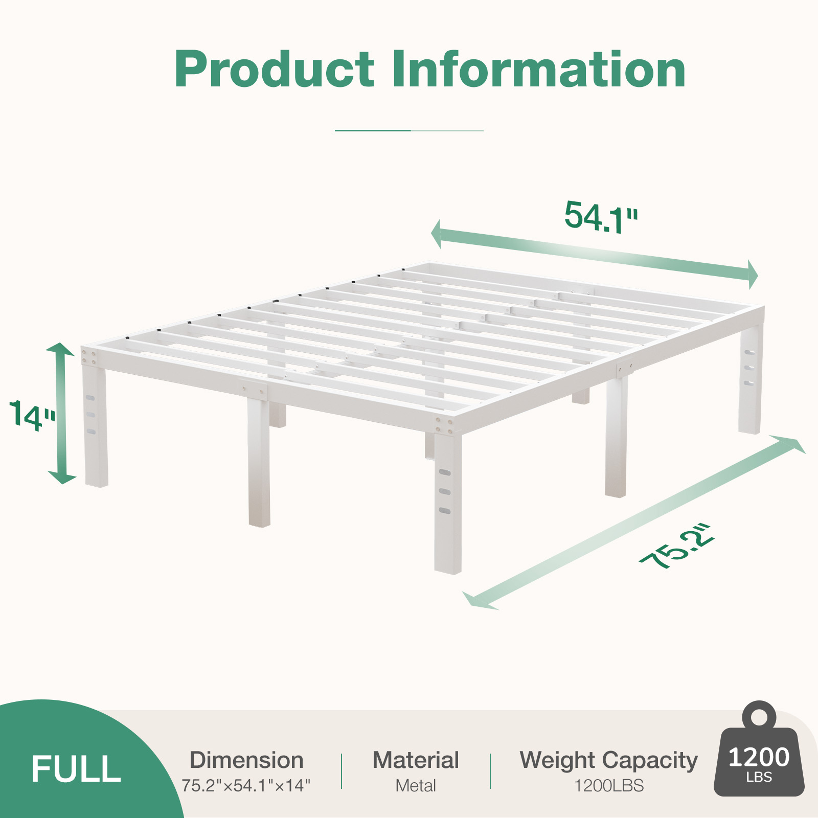 Novilla Full Size Bed Frame, 14 Inch Metal Platform Bed Frame Full Size with Storage Space Under Bed, Heavy Duty Steel Slat Support, Easy Assembly, No Box Spring Needed, White