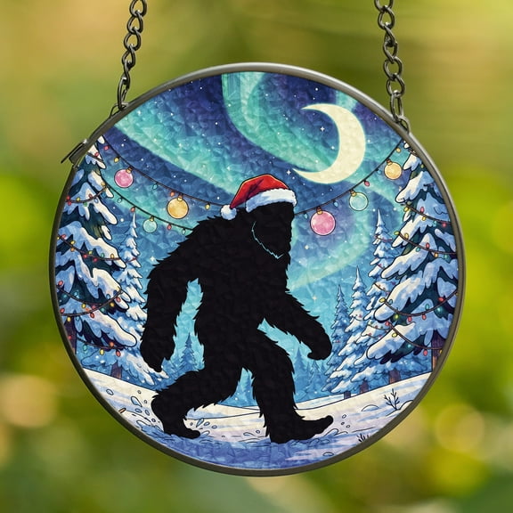 Lotusprinthandmade Funny Bigfoot Christmas Stained Glass Suncatcher for Window Hanging Cir4in, Rustic Bigfoot Holiday Window Hanging