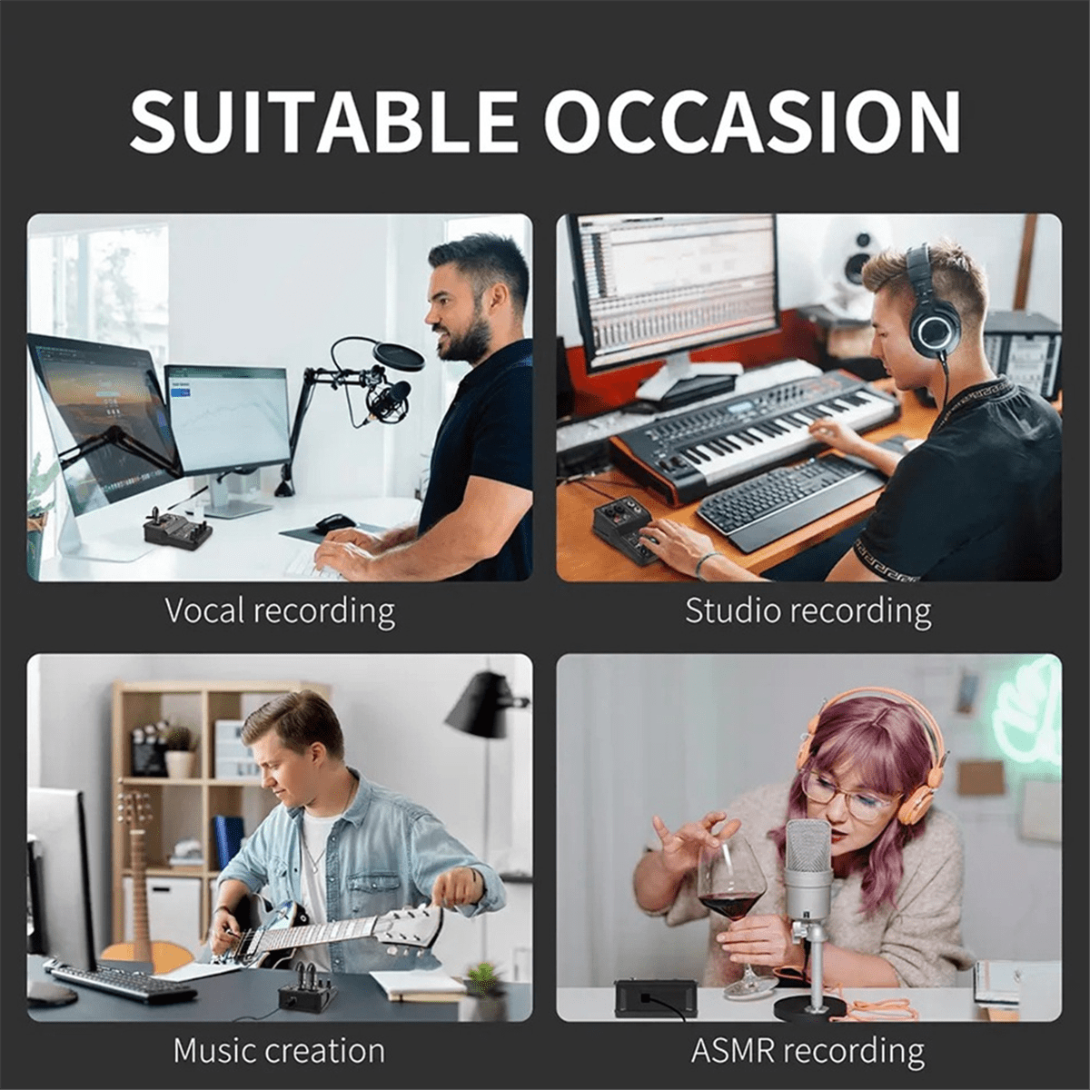 Professional Audio Mixer Sound Card with Monitor Electric Guitar Live Broadcast Recording for Studio Singing Computer PC,1 x Audio Mixer Sound Card 1 x USB Cable 1 x English instruction manual,Black