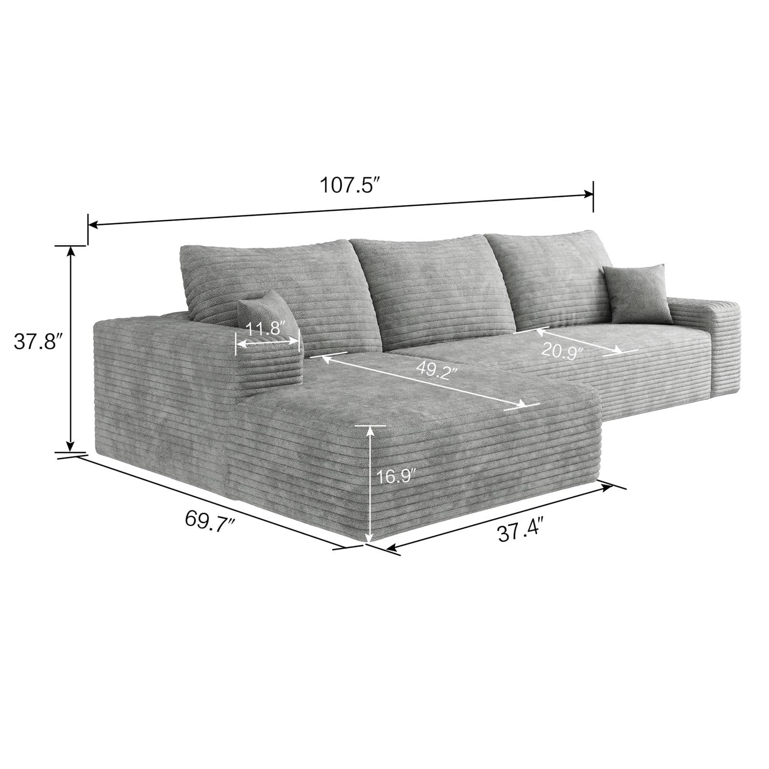 Demi Bonn 107" Modern Cloud Sectional Sofa with L-Shape Chaise, Deep Seat Upholstered Couch for Living Room & Bedroom, No Assembly Needed, Gray