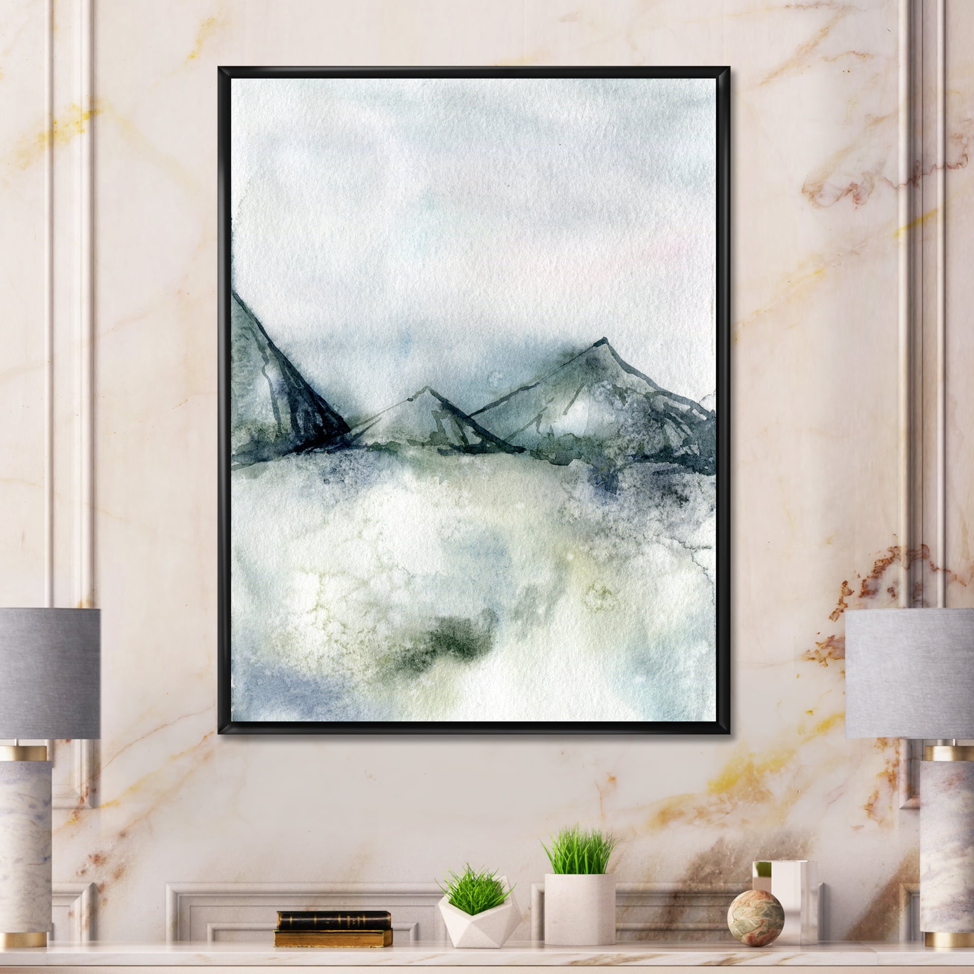 Designart 'Dark Blue Mountain Landscape Winter Minimalistic' Modern Framed Canvas Wall Art Print