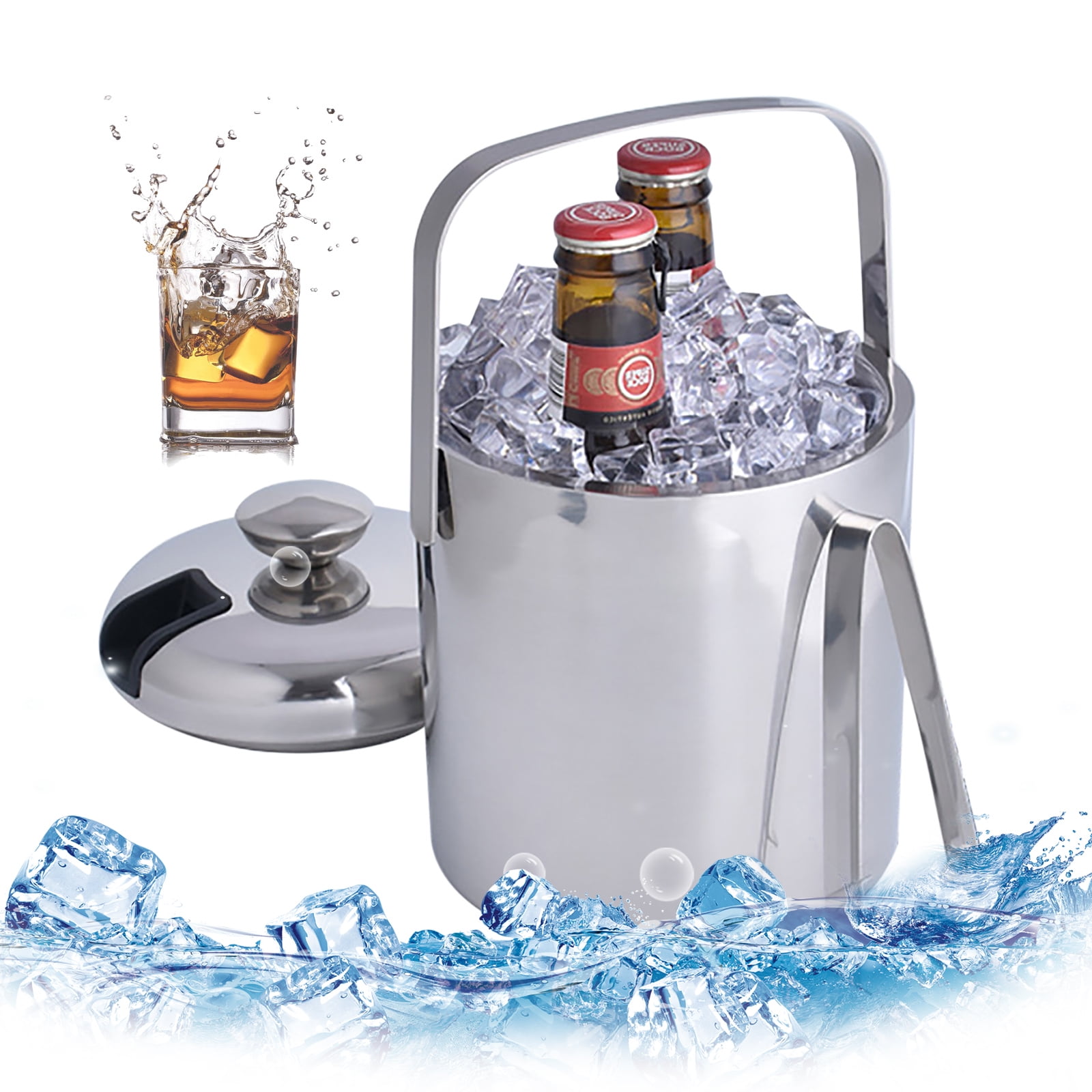Loyalheartdy 1.3L Double-Wall Insulated Ice Bucket Stainless Steel Ice Cube Beverage Container Silver w/Ice Tongs + Lid