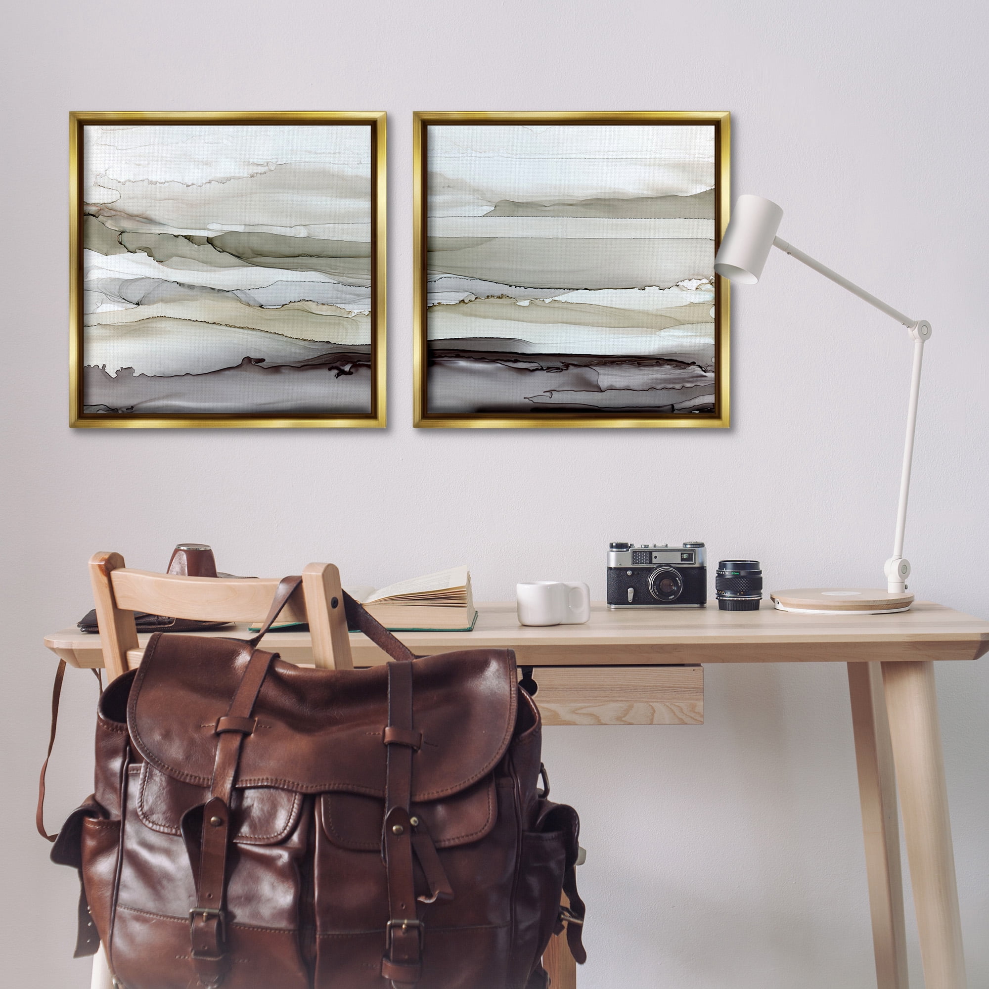Stupell Industries Abstract Watercolor Wave Interpetation Abstract Painting Gold Floater Framed Canvas Art Print Wall Art, 25 x 25, Set of 2