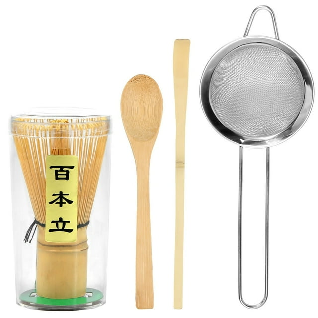 CUITING 5Pcs Matcha Whisk Set Matcha Tea Set Japanese Whisk Set Handmade Bamboo Matcha Whisk Traditional Tea Scoop Deep Scoop Stainless Steel Tea Strainer Clear Whisk Storage Holder