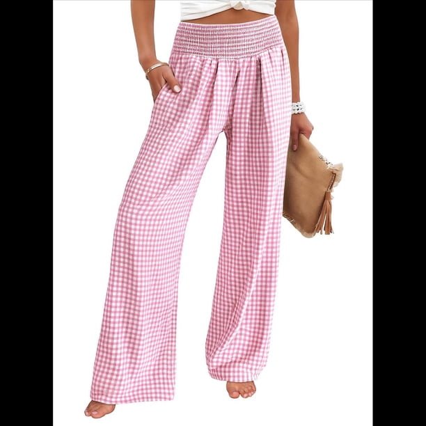 Pantalones Palazzo de Cuadros para Mujer, Pantalones de Pijama de Cintura Alta y Pierna , Pantalones Casuales Bonitos con Bolsillos Rosa L