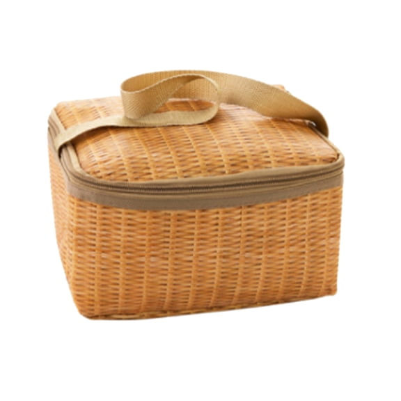 ETEREAUTY Khaki Picnic Lunch Bag with Rattan Design, Insulated Thermal Cooler, Zipper Closure for Outdoor Meals