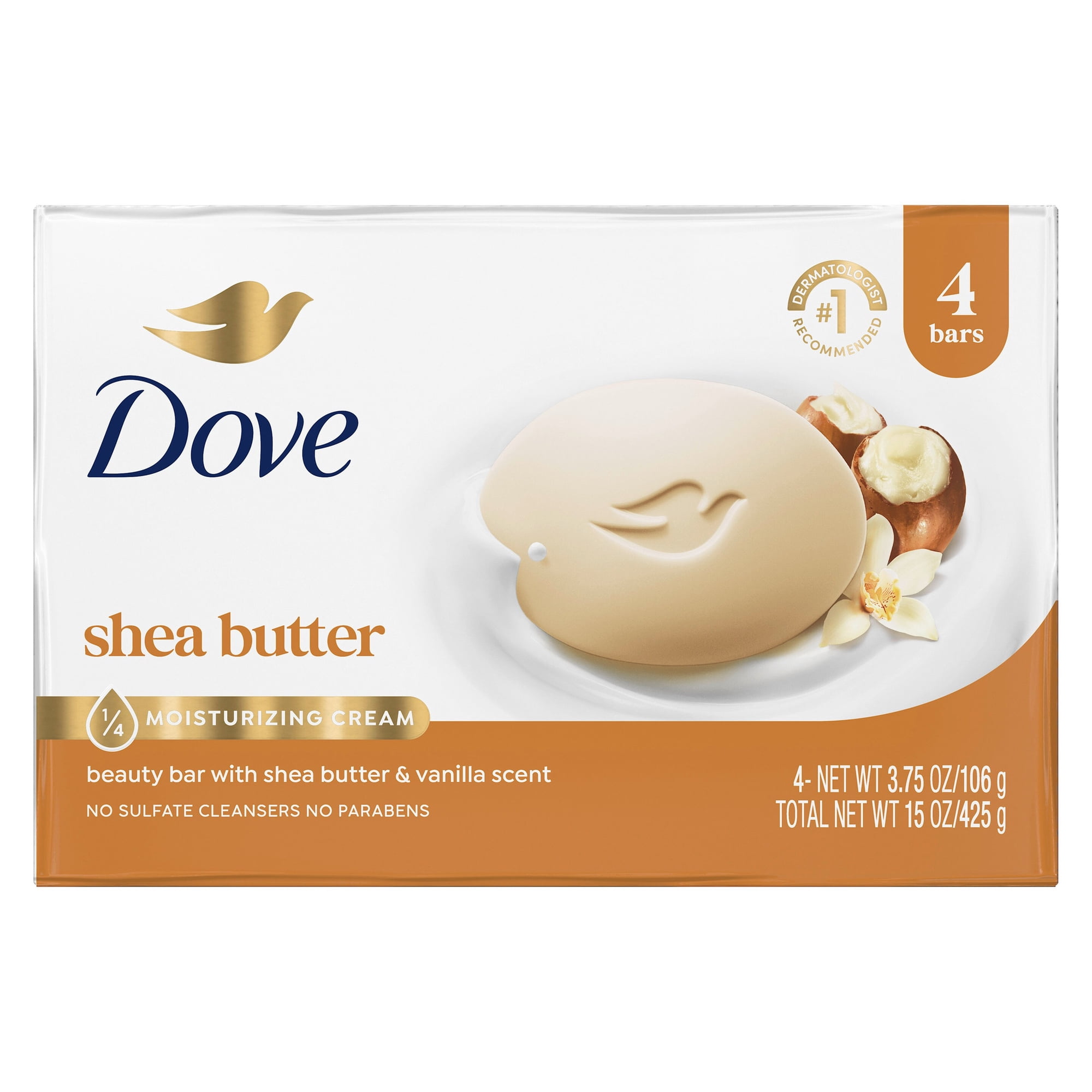 Dove Beauty Bar Soap For Nourished, Radiant Skin, Shea Butter, Enriches Skin, 3.75 oz 4 Bars