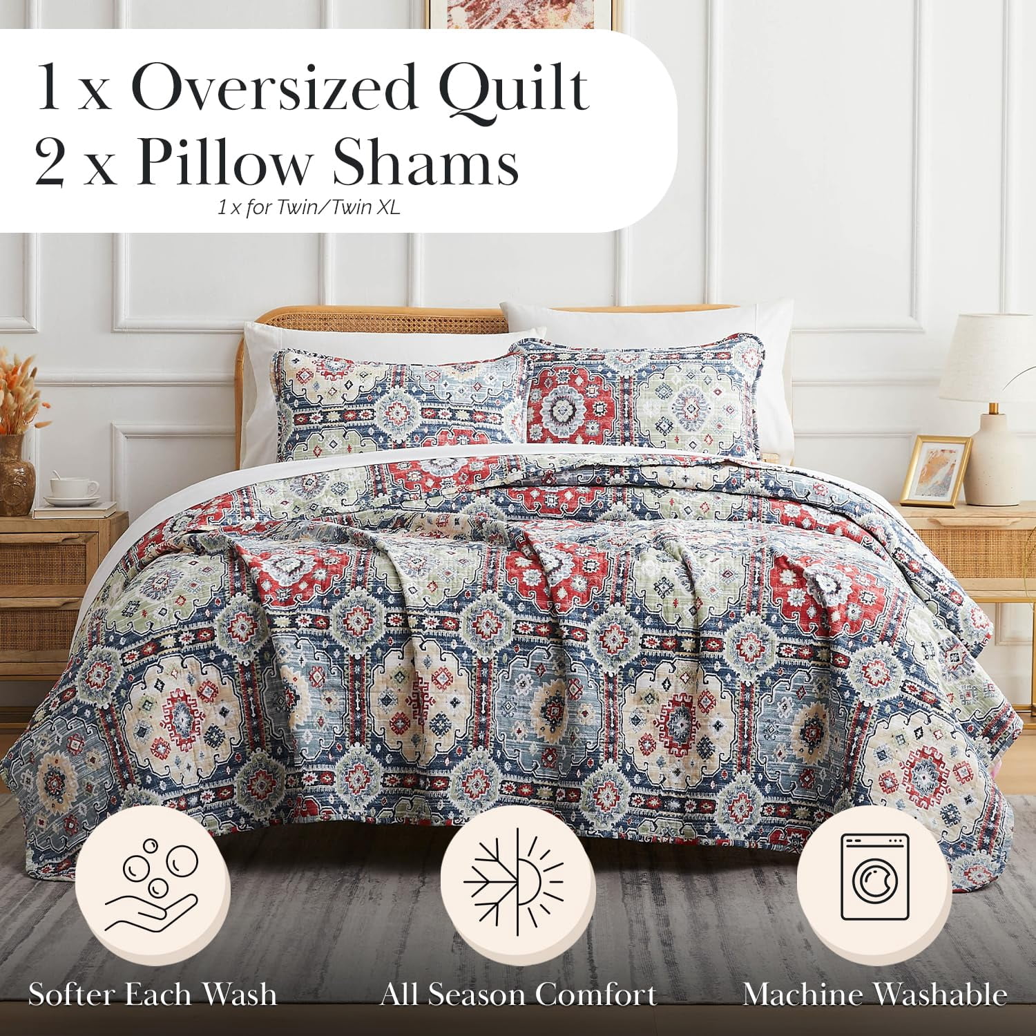 Southshore Fine Living, Inc. Kilim Collection Oversized King Quilt Bedding Set, Lightweight, Soft Bedspread 3-Piece, Two Matching Shams 108" x 98", California/King, Multi-Colored