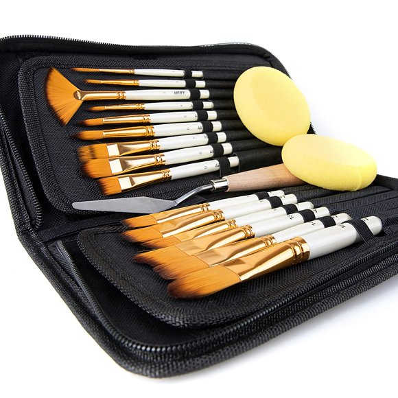 ARTIFY 15-Piece Deluxe Nylon Paint Brush Set with Carrying Case, Premium Hair Brushes for Watercolor, Acrylic, Oil and Gouache Painting, for Kids, Adults, Beginners, Professionals (Natural) White