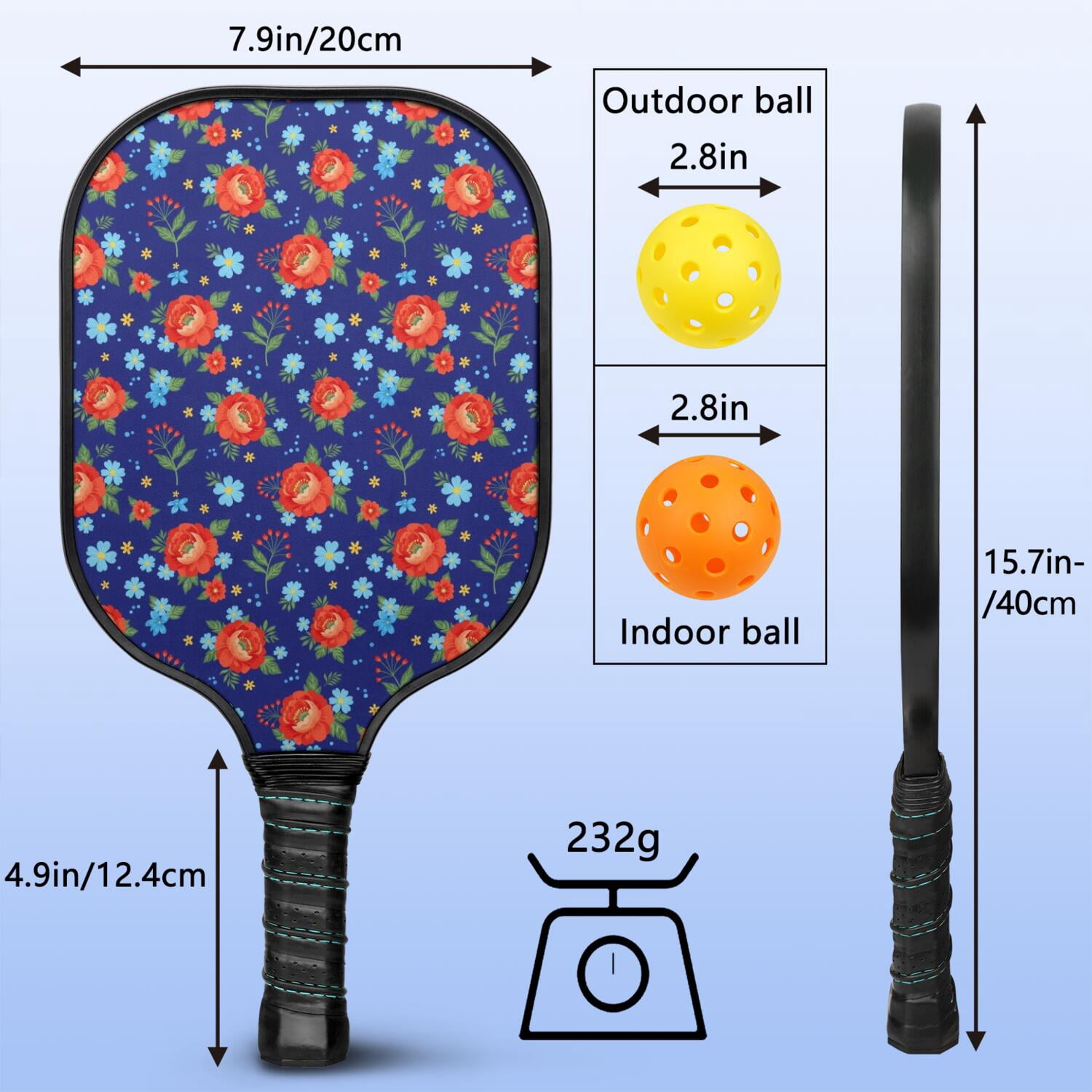 Pickleball Paddles Set,Pioneer Flower Floral Print Pattern Fiberglass Surface Pickleball Racket Set with 2 Indoor Outdoor Pickleball Balls and Pickleball Bag,Pickle-ball Equipment