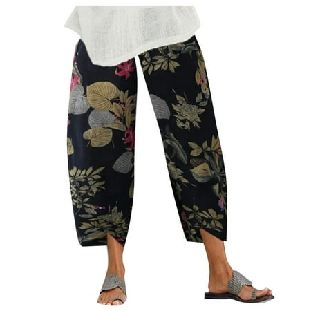 

Dadaria Linen Pants for Women High Waist Wide Leg Lady Flowers print Elastic Waist Wide Leg Pants Trousers Black S Female