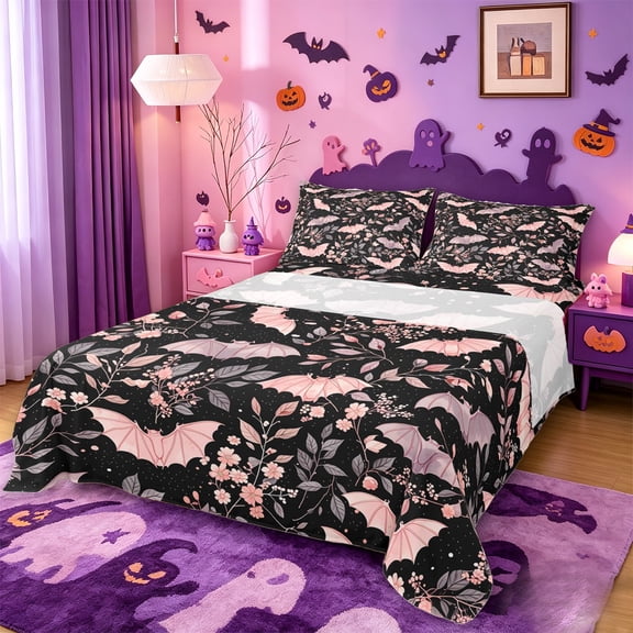Homewish Halloween Pink Bat Bed Sheets,Floral Vine Print Full Size Sheets,Black Blush,4 Pieces,1 Flat Sheet,1 Fitted Sheet and 2 Pillowcases