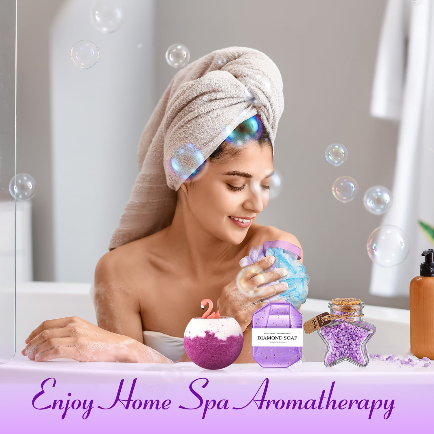 Aofmee Gift Set for Women, 8 Pcs Lavender Spa Body Care Set, Beauty Relaxing Graduation & Birthday Gifts Baskets for Her, Purple