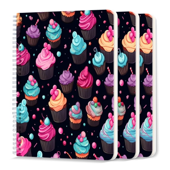 Spiral Journal Notebook,50 Sheets A5 College Ruled Notebook/Journal 3 Pcs for School Office Home - Cupcake Pattern Cartoon Style