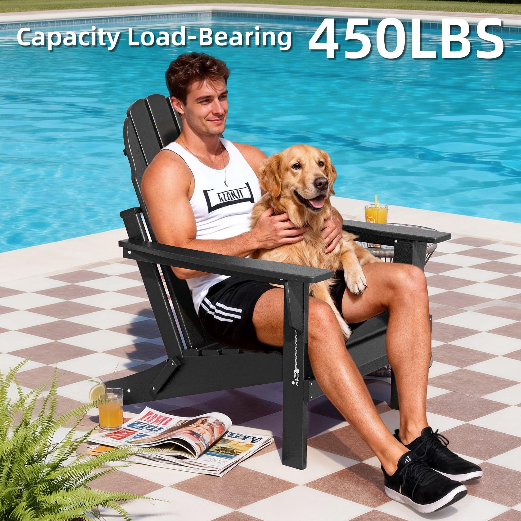 Erinnyees All-Weather Adirondack Chair,Folding Adirondack Outdoor Chair with Wooden Textured for Patio,Garden,Backyard and Lawn,Black