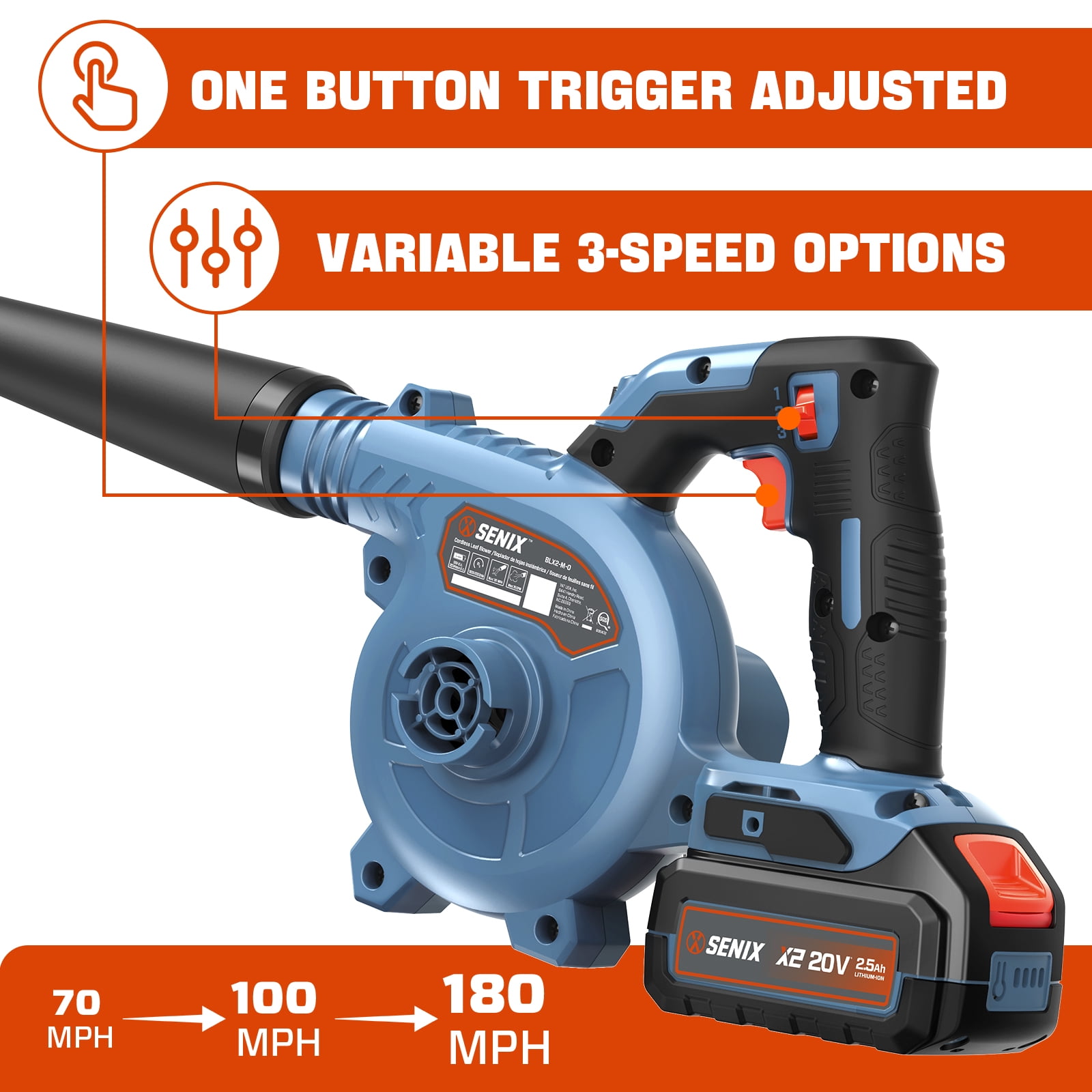 SENIX 20V Max* Cordless Blower with 2.5Ah Battery & Charger Included, Variable 3-Speed Up to 180 MPH/75 CFM, Lightweight BLX2-M