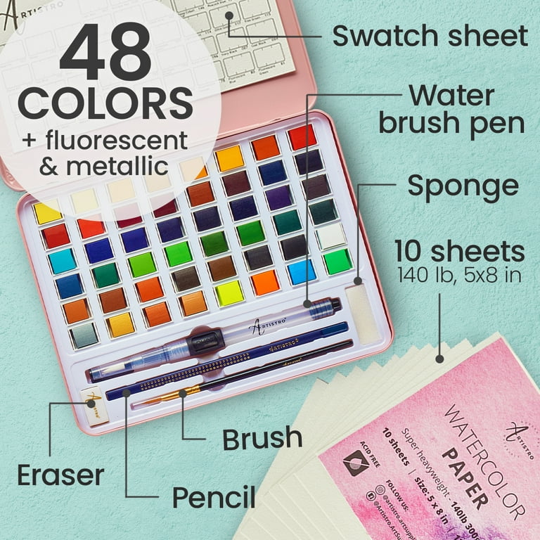ARTISTRO Watercolor Paint Set, 48 Vivid Colors in Portable Box with Outline  Markers, 16 Outline Pens, 5 Cards