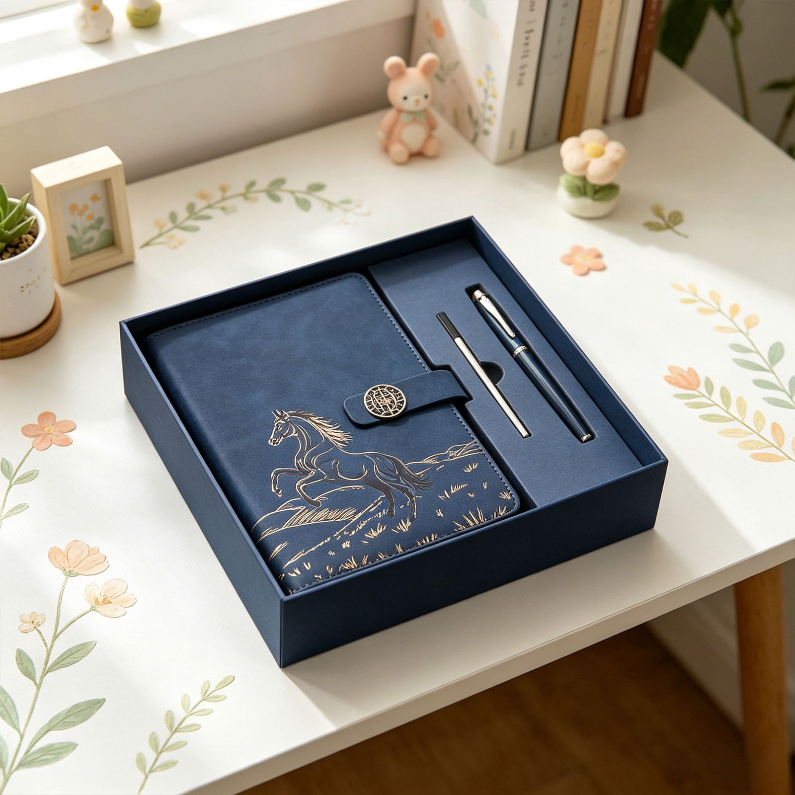 CSSJKYJ A5 Lined Leather Journal Notebook with Pen Set,9x9inch Vintage Hardcover Diary A5 Notebook with Magnetic Closure, Classic Business Gift Box Bag Set for Christmas Birthday(Dark Blue）