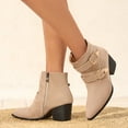 thumbnail image 4 of Womens Combat Dress Boots with Side Zipper Trendy Double Buckle Suede Pointed Toe Heeled Mid Calf Booties, 4 of 9