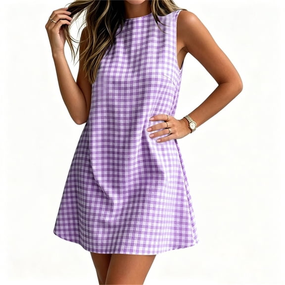 QUNYINEY Mini Sun Dresses Women Summer Casual Sleeveless Plaid Tank Dress Crew Neck Cute A Line Loose Fit Dresses