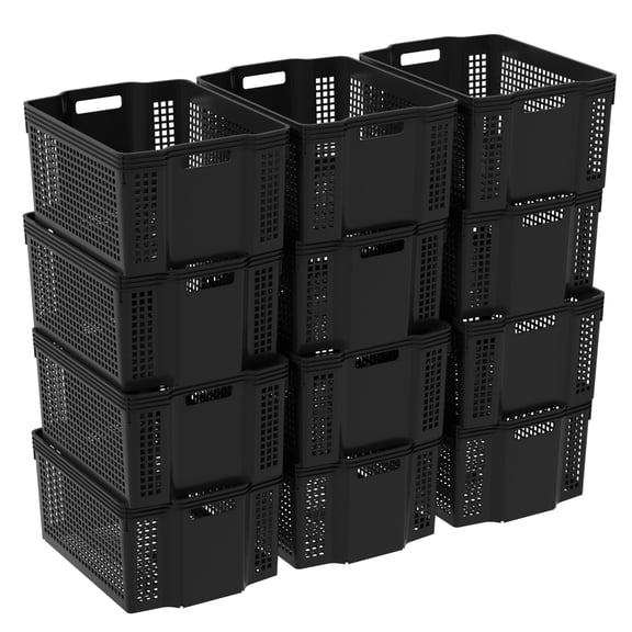 Qqbine 12 Packs Plastic Stackable Storage Baskets, Large Storage Plastic Basket, Black