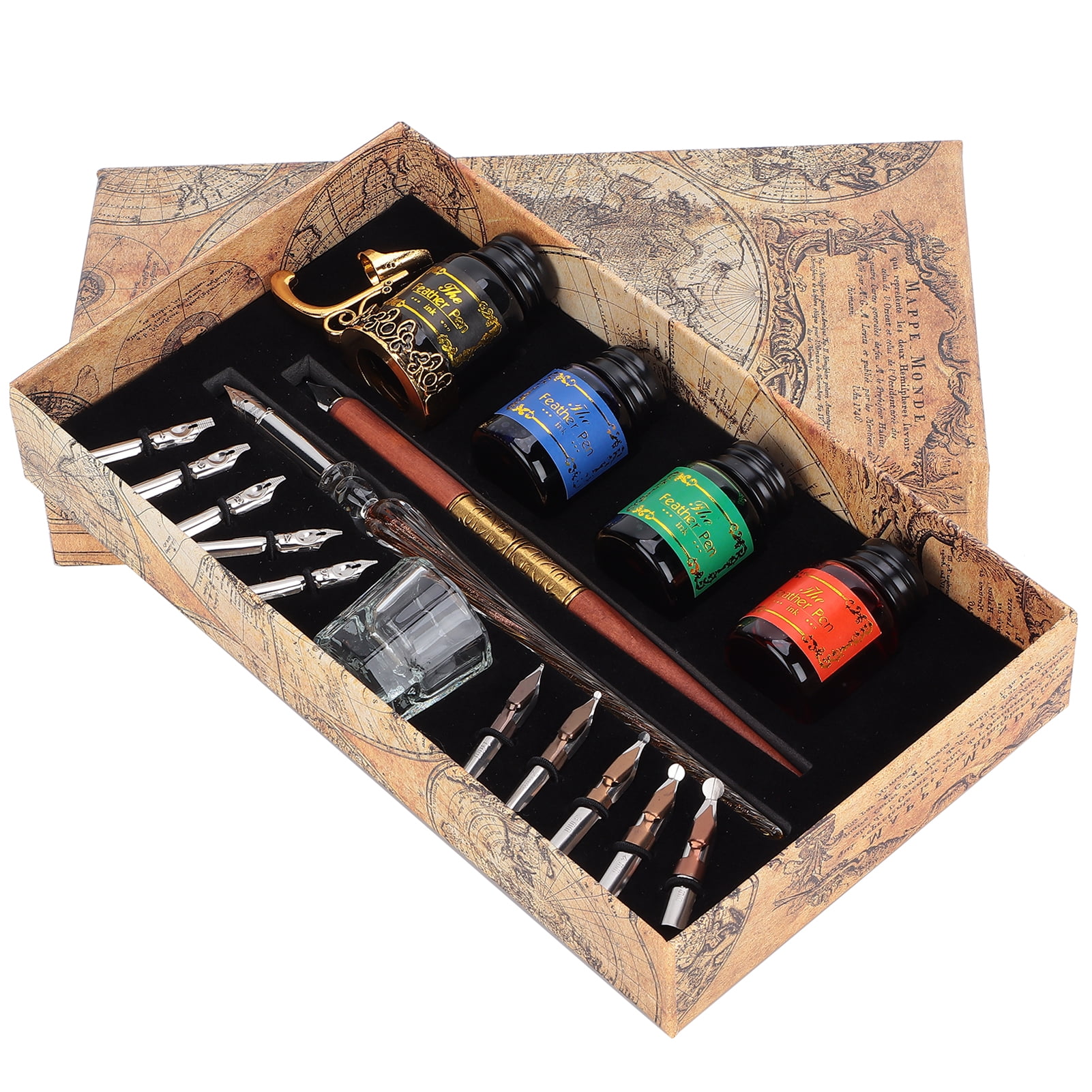 M Buder Dip Pen Kit Flat Round Nibs with Ink Holder for Writing Drawing Calligraphy, SP249045 Fire Color Rod Glass Pen, 9.45 inches / 24 cm length, Vintage English Art Calligraphy Gift Set