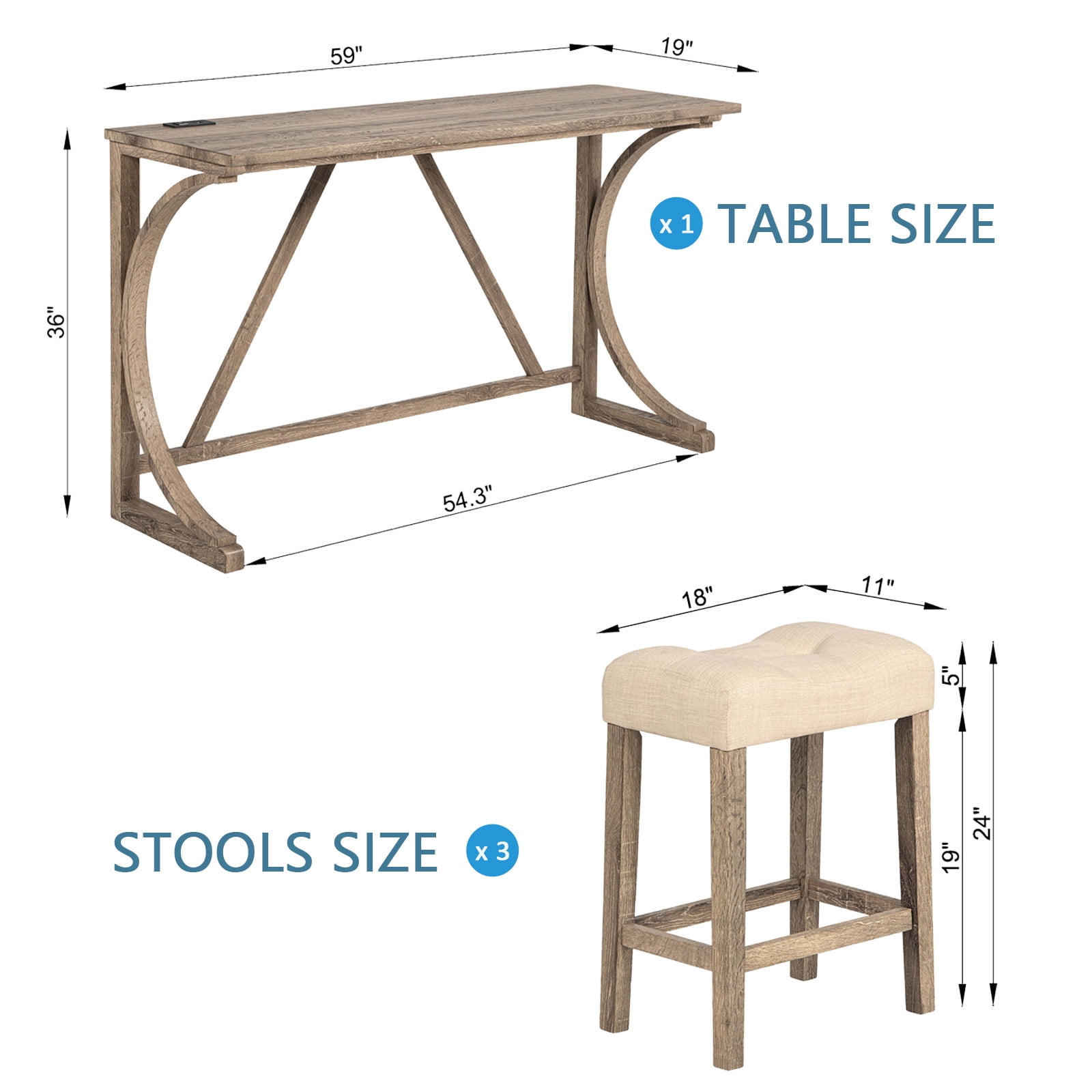 LUCKHAO 4-Piece Counter Height Bar Table Set with Socket and 3 Fabric Padded Bar Stools, Tall Kitchen Breakfast Dining Table Set with Stools