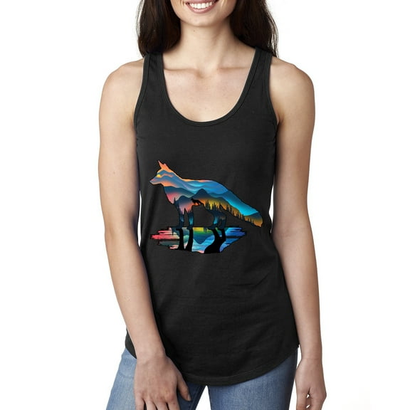 Trippy California Rainbow Neon Wolf Mountain Silhouette | Womens Animal Lover Jersey Racerback Tank Top, Black, Small