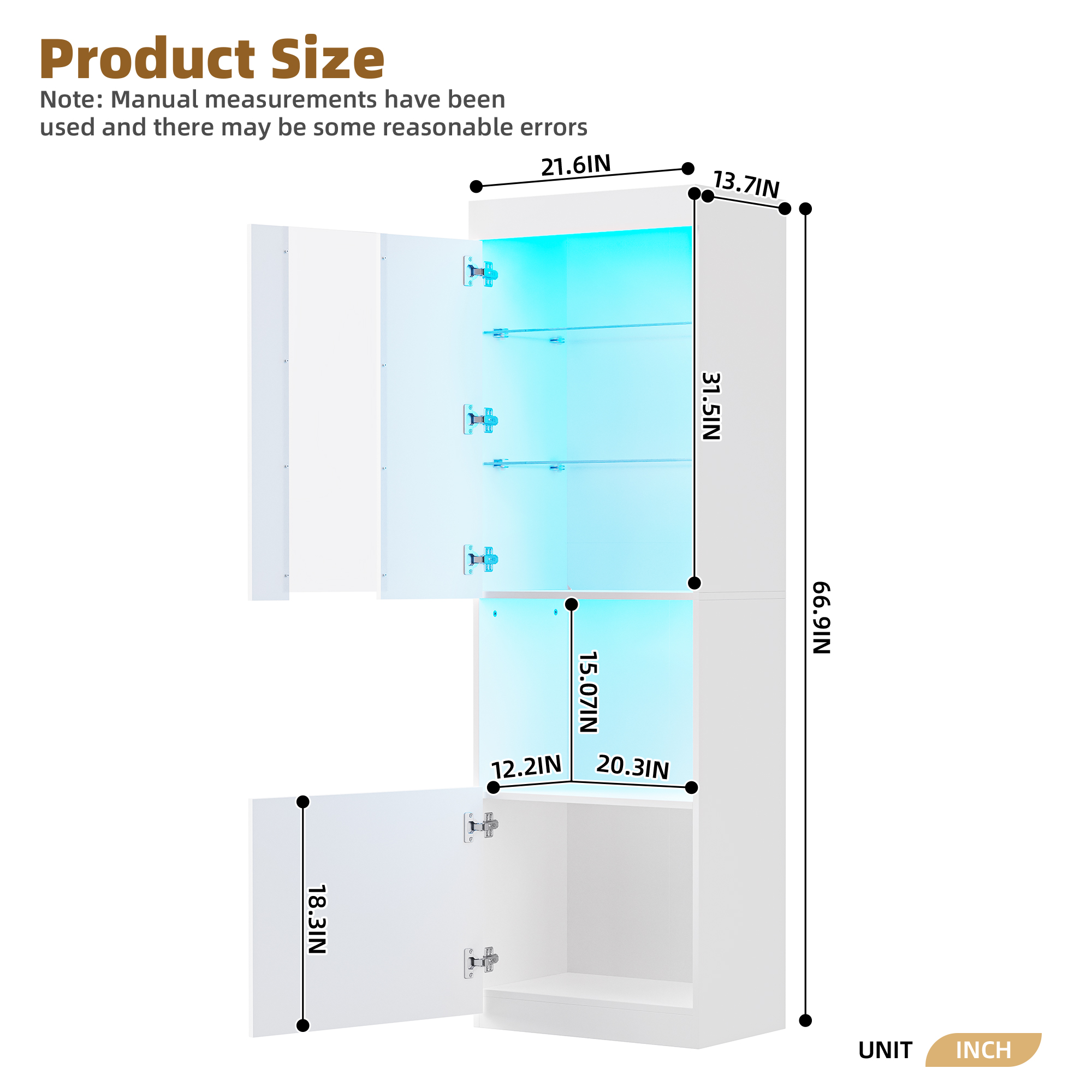 MAYEERTY High Gloss Storage Cabinet with LED Lights, 67" Tall Pantry Cabinet, Modern Bookcase & Display Cabinet, White