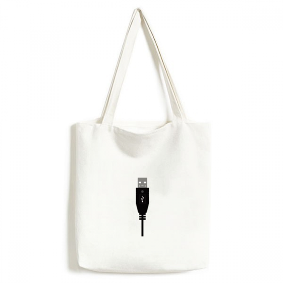 Black USB Plug Charging Cable Pattern Tote Canvas Bag Shopping Satchel Casual Handbag