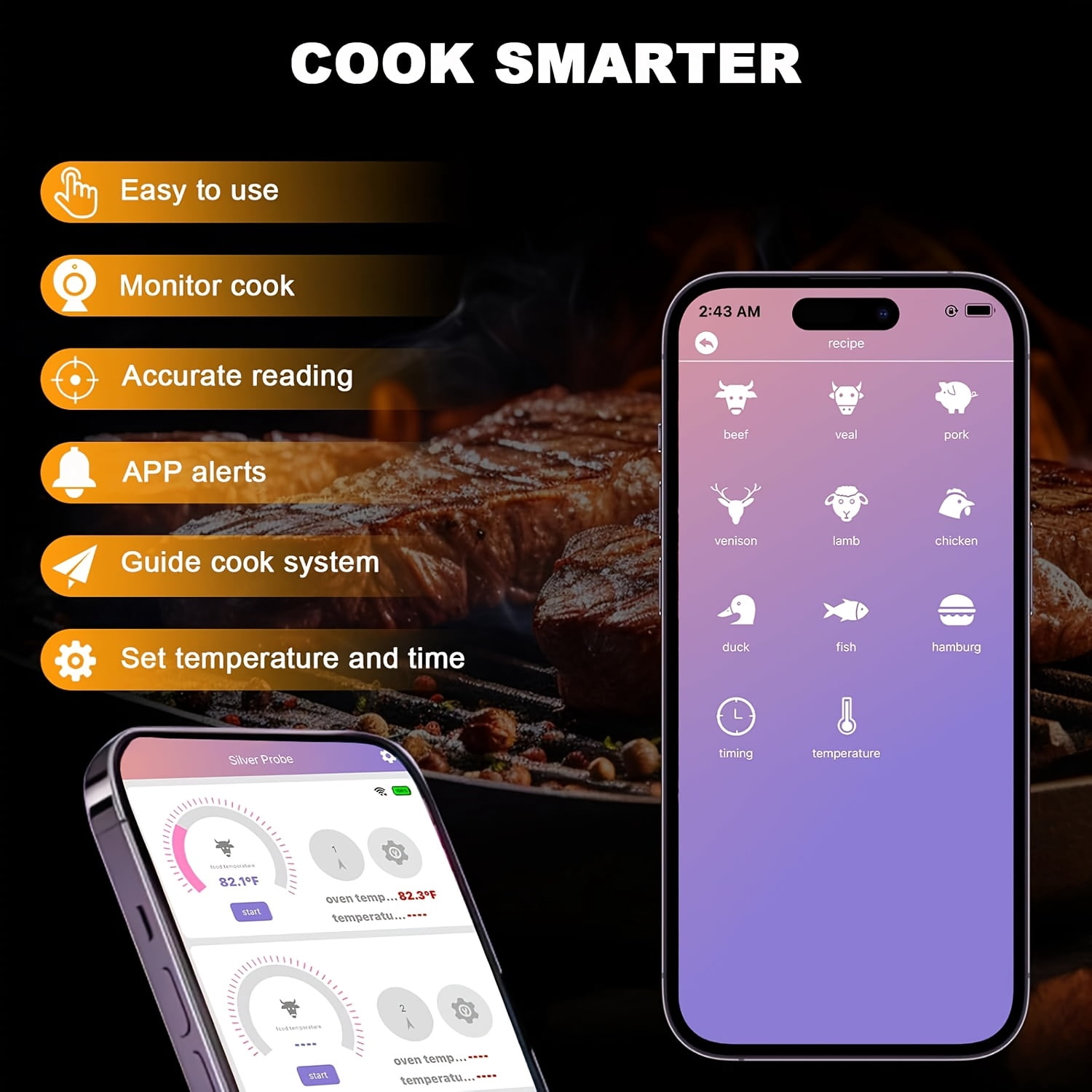Smart Bluetooth Bamboo Wireless Meat Digital Thermometer for Grill, Oven, Air Fryer, Kitchen, BBQ, Perfect for Steak Chicken Turkey and More Delicious Recipes, Digital Cooking Thermometer with Apps