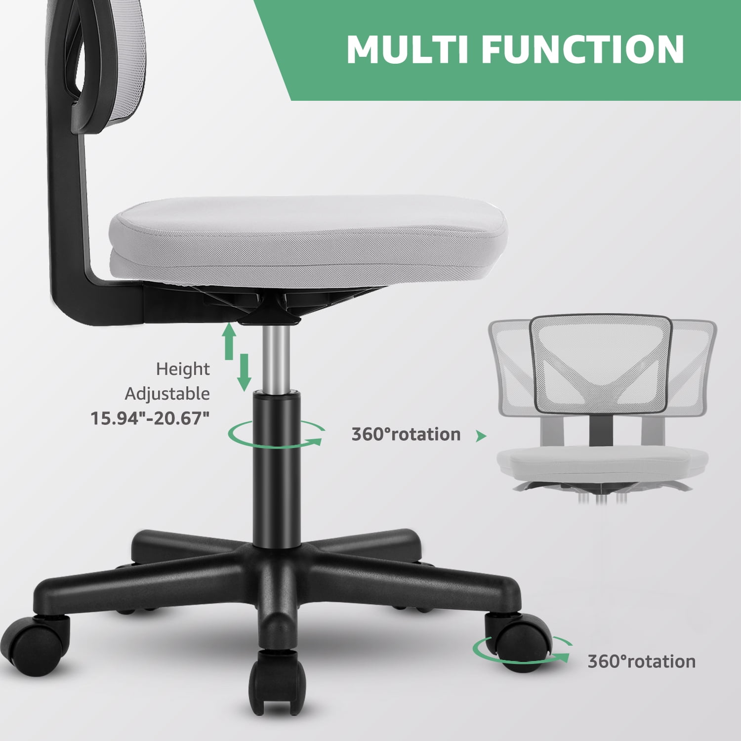 MAYEERTY Home Office Desk Chair, Armless Mesh Computer Chair Small Space Swivel Adjustable Low Back Task Chair for Teens/Adults, Gray