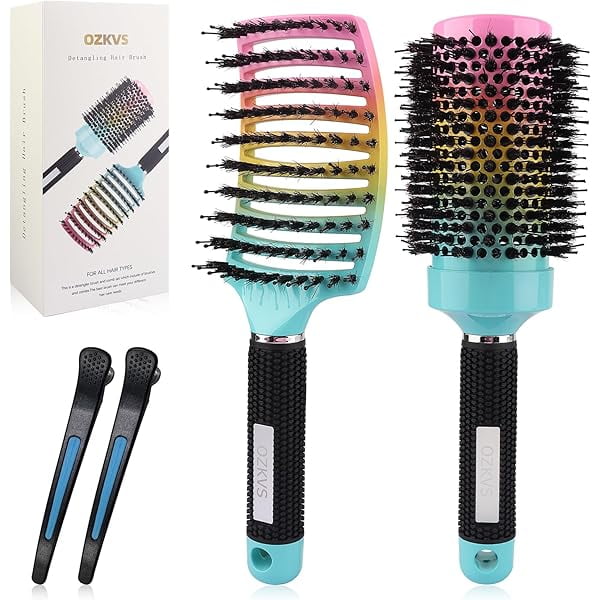 wonima44 4 Piece Boar Bristle Hair Brush Set for Fine & Thick Hair - Round & Paddle Brushes for Blow Drying,Curl Defining & Wet Hair,Travel Combs (Includes 2 Clips)