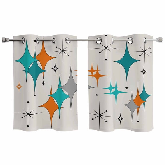 Teal Orange Boho Kitchen Curtains Small Short 39 Inch Length, Middle Century Geometric Abstract Grommet Top Bedroom Living Room Curtains, Light Filtering Cafe Curtain Drapes 2 Panels Set 55''x39''