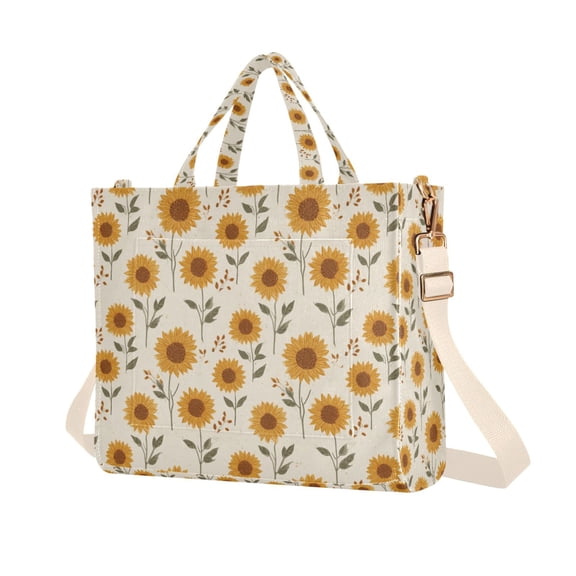 FORMRS Womens Corduroy Tote Bag Crossbody Shoulder Purse Handbag with Detachable Strap, Beige Sunflower Pattern