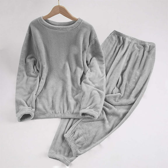 FNFYFH Women Fleece Pajamas Set Long Sleeve Lounging Warm Sleepwear Crewneck Loungewear Sherpa Pjs Set