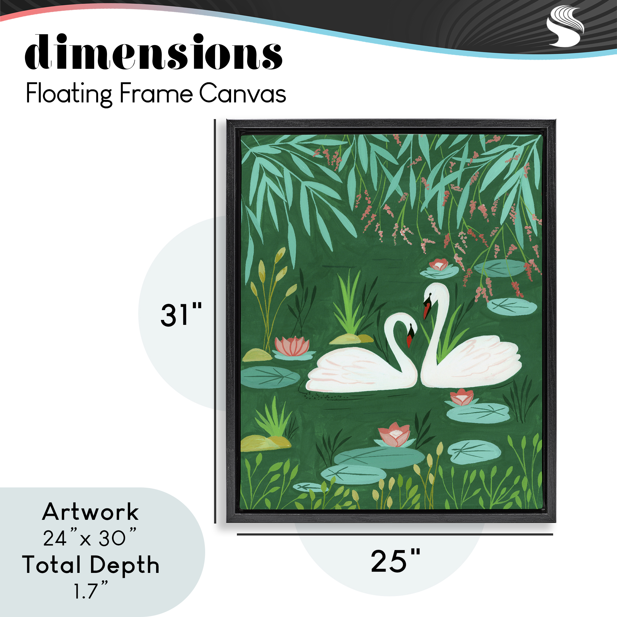 Swan Pair on Green Pond Black Framed Floater Canvas Wall Art, design by Nabeela Rumi