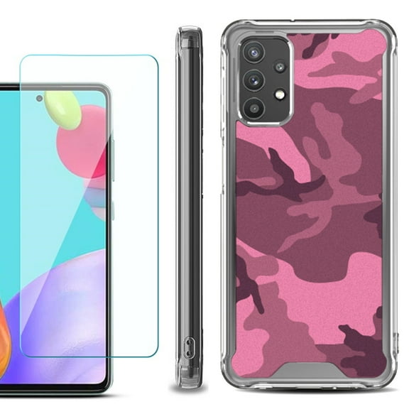 Shockproof Bumper Phone Case for Samsung Galaxy A52 5G, with Tempered Glass Screen Protector, by OneToughShield ® - Camo Pink
