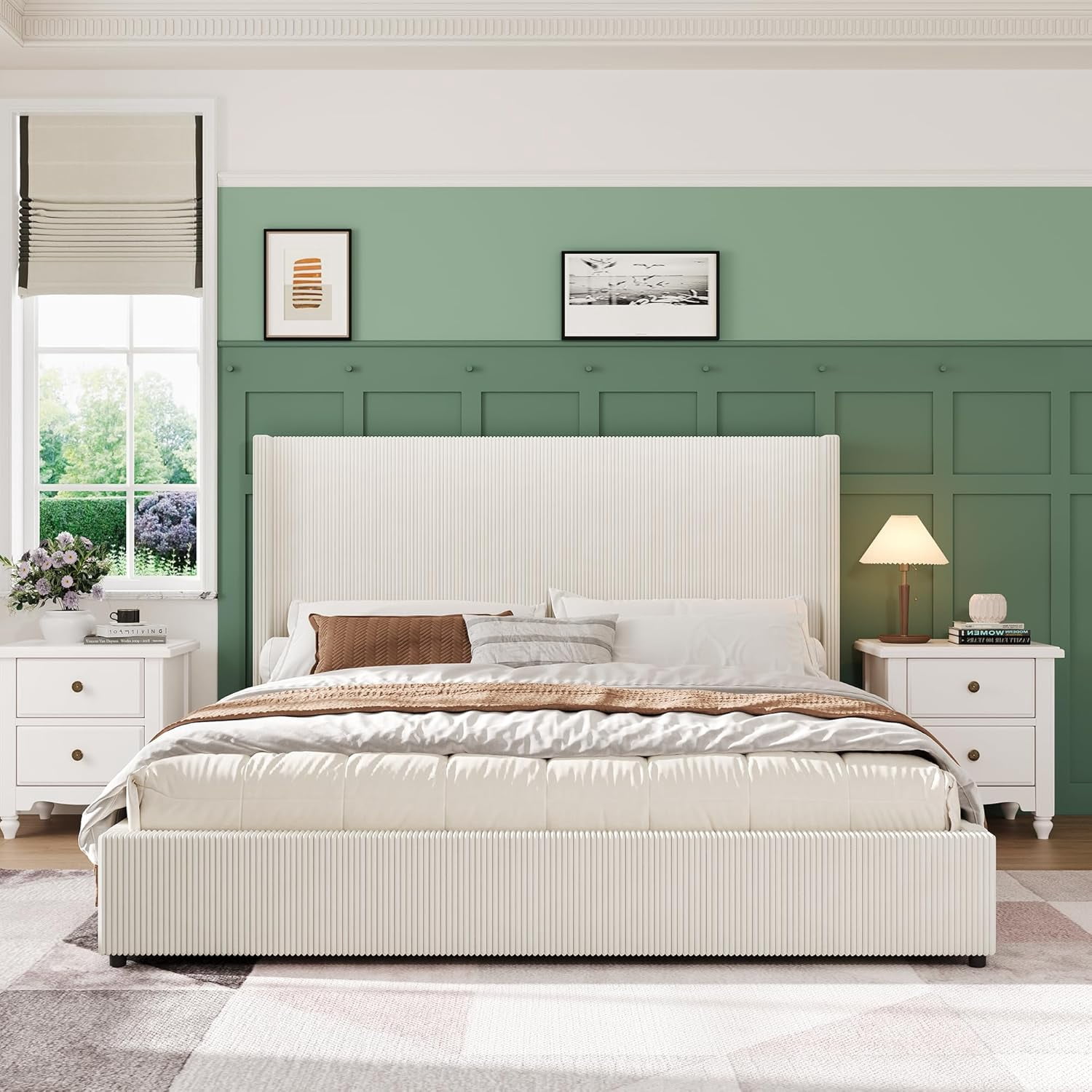 King Size Bed Frame with Storage Drawers, Corduroy Upholstered Platform with Wingback, Tufted Headboard and Footboard, No Box Spring Needed, Beige