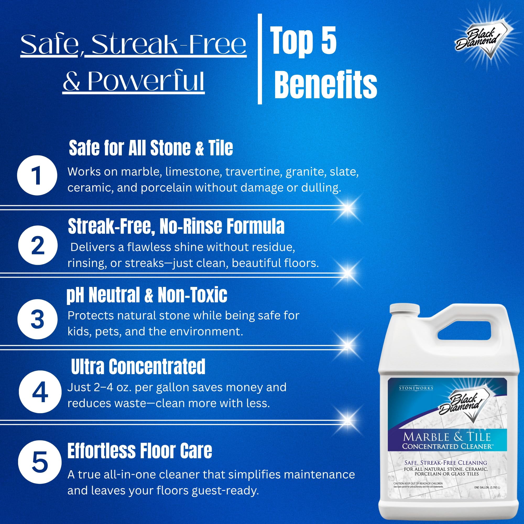 Black Diamond Stoneworks Marble & Tile Floor Cleaner Concentrate, pH Neutral, Streak-Free & No-Rinse Formula for Granite, Travertine, Limestone, Slate, Ceramic & Porcelain Floors (1 Gallon)