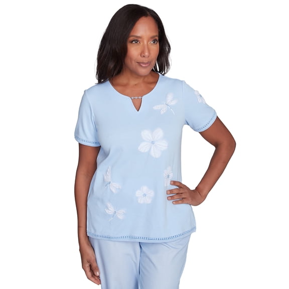 Alfred Dunner Womens Dragonfly Flower Applique Tee